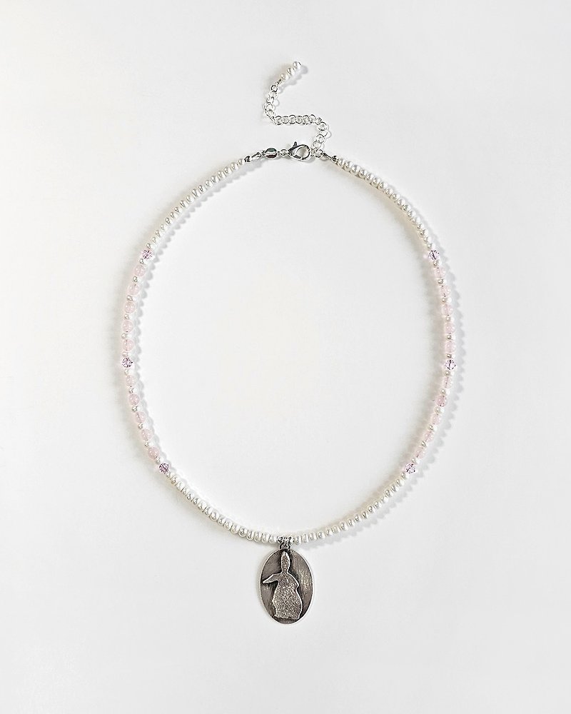 Rabbit Cameo Pearl Necklace, Reticulation Silver and Sterling Silver - Necklaces - Crystal Silver