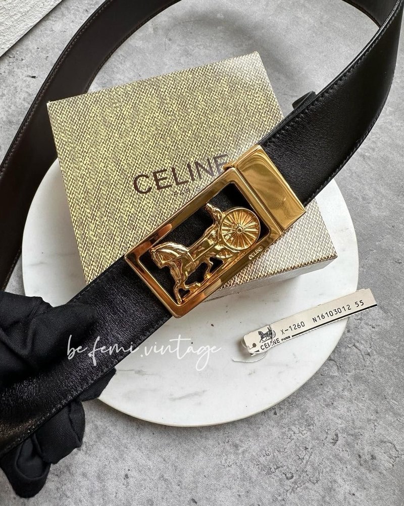 中古Celine金色大方扣馬車黑色皮帶 - 皮帶/腰帶 - 真皮 黑色