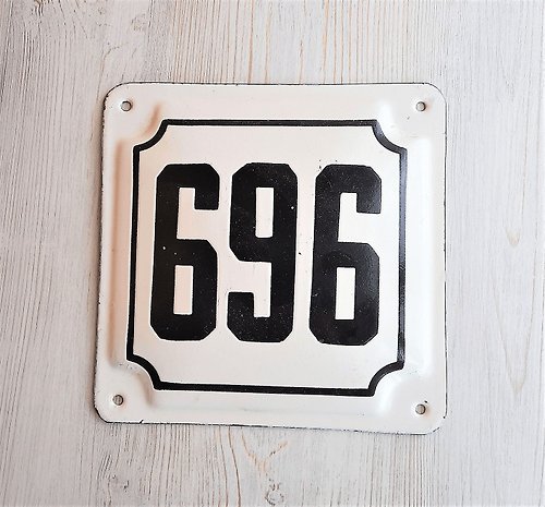 RetroRussia White black street address number sign 696 vintage enamel metal house plaque