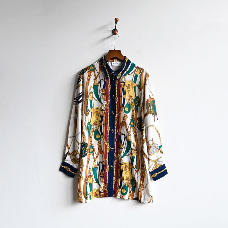 [Egg Plant Vintage] Belt Magic Print Long Sleeve Vintage Shirt - Women's Shirts - Other Man-Made Fibers 