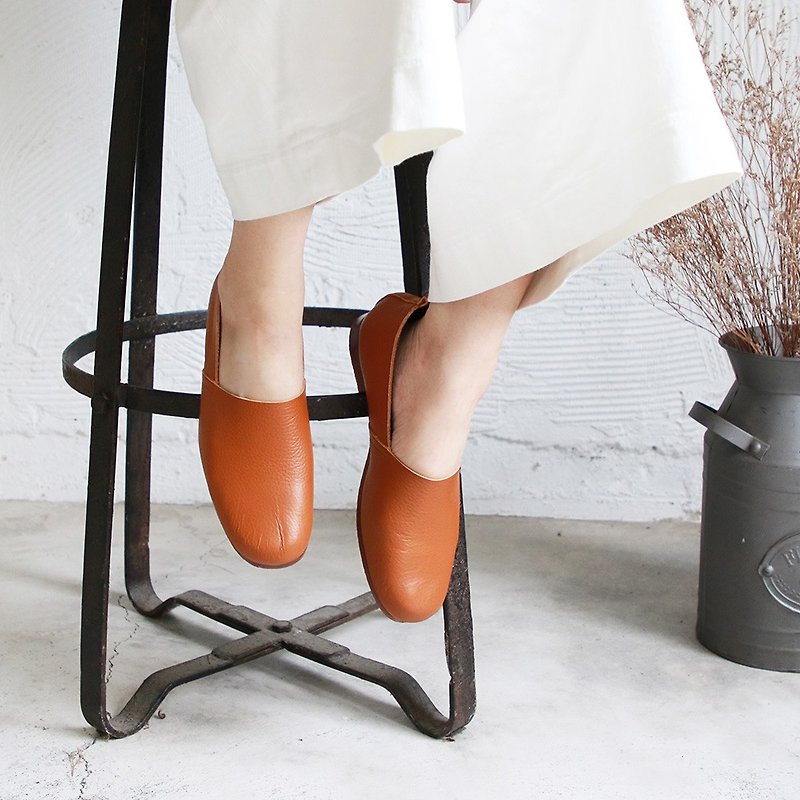 Pre-Order [Recipe Made in Japan] Square Head L-shaped Leather Slippers/Camel/F2-19105L - Mary Jane Shoes & Ballet Shoes - Genuine Leather Orange