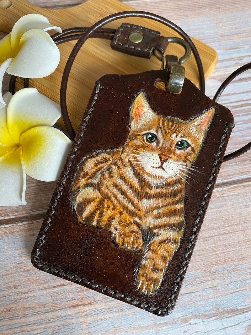 Leather carving-cat ID holder*neck lanyard - ID & Badge Holders - Genuine Leather 