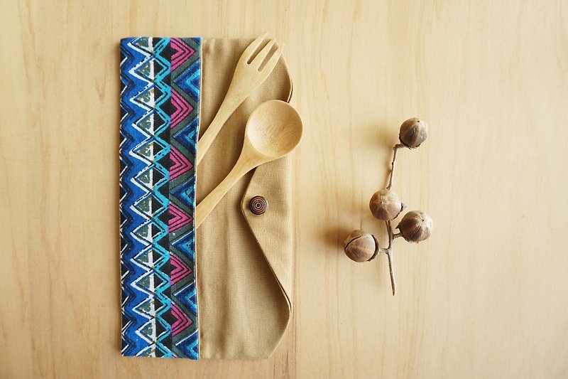 環保餐具袋 – Lets 環保吧 - 南洋風 - 藍 A - 筷子/筷子架 - 棉．麻 藍色