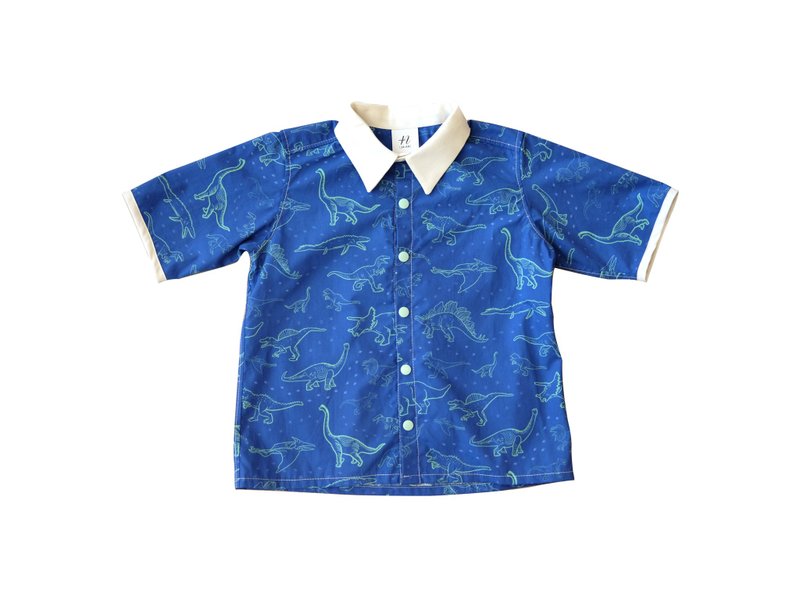 Short-sleeved unisex shirt || Children's clothing / pure cotton / dinosaur pattern design / limited hand-made - Tops & T-Shirts - Cotton & Hemp Blue