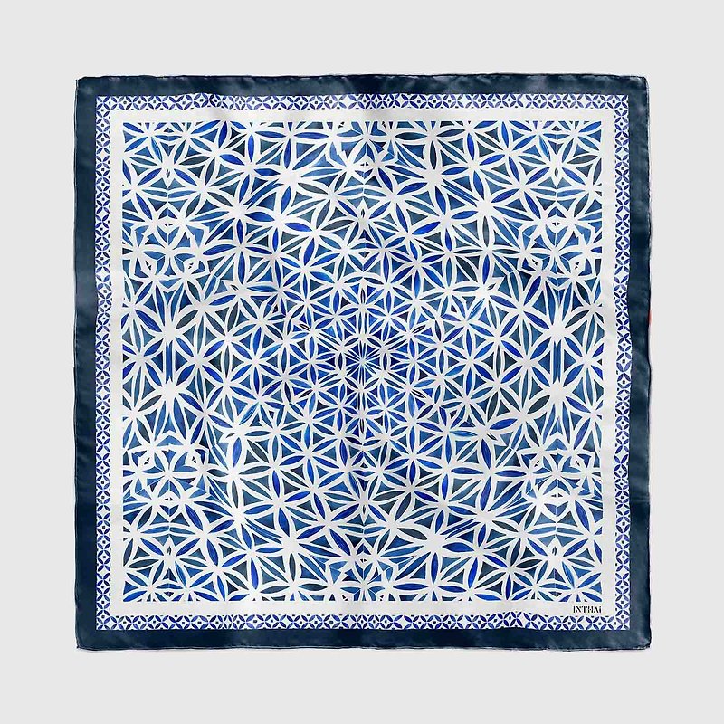 Silk satin scarf - Kram Floral Illusion blue and white porcelain - 絲巾 - 其他材質 藍色