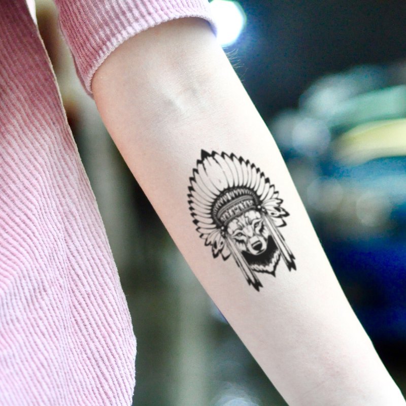 OhMyTat 印地安那狼 Indian Wolf 刺青圖案紋身貼紙 (2 張) - 紋身貼紙 - 紙 黑色