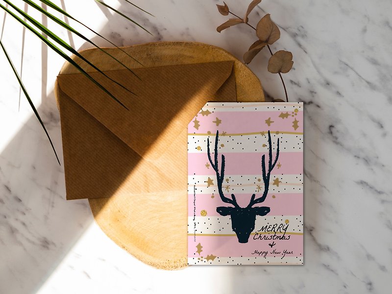 Pink Striped Elk Rococo Strawberry WELKIN Handmade Postcard/Christmas Card【CM17097】 - Cards & Postcards - Paper 