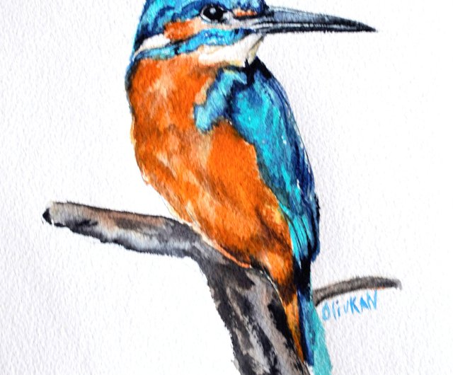 鳥の水彩画 カワセミ オリジナルアート 青い鳥壁アート カワセミ