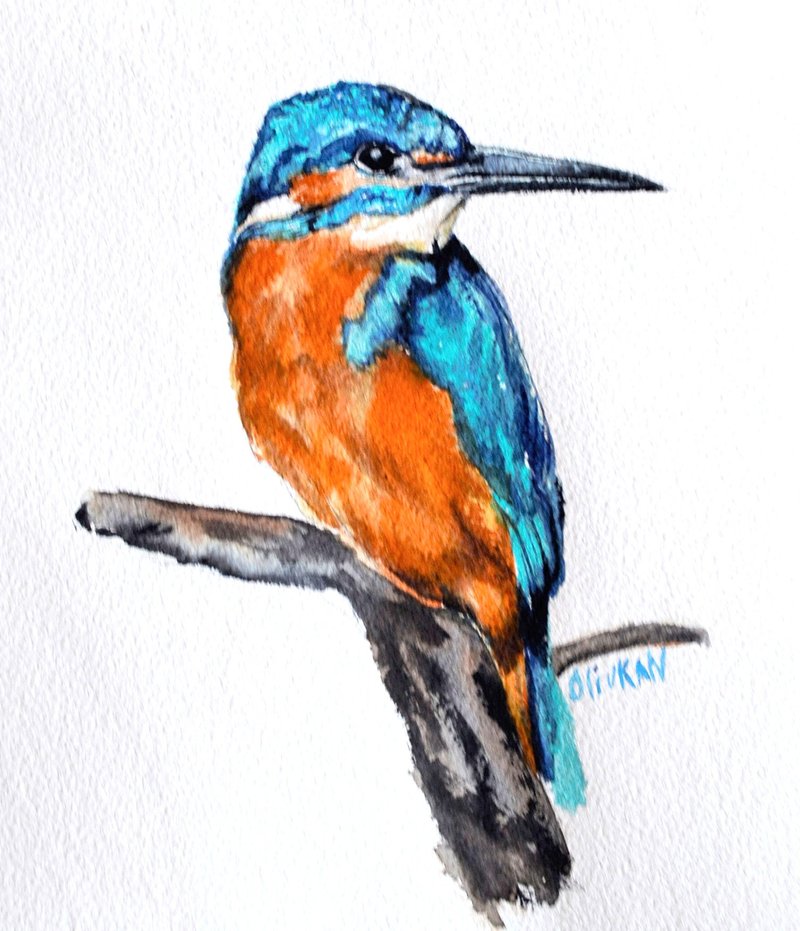Bird Watercolor Kingfisher Original Art Blue Bird Wall Art Kingfisher Painting - 海報/掛畫/掛布 - 環保材質 藍色