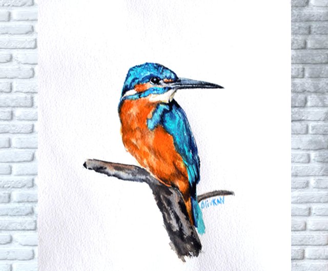 鳥の水彩画 カワセミ オリジナルアート 青い鳥壁アート カワセミ
