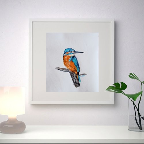 鳥の水彩画 カワセミ オリジナルアート 青い鳥壁アート カワセミ