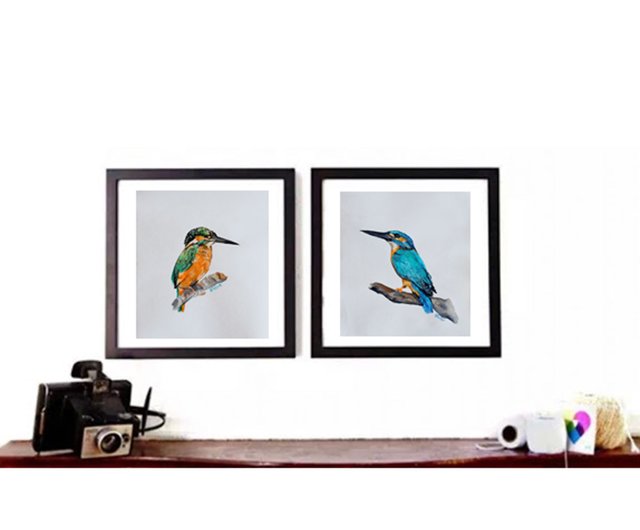 鳥の水彩画 カワセミ オリジナルアート 青い鳥壁アート カワセミ