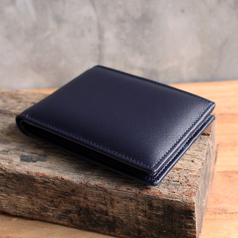 Wallet - Bifold - Navy Blue (Genuine Cow Leather) / Small Wallet  / 钱包 / 皮包 - Wallets - Genuine Leather Blue