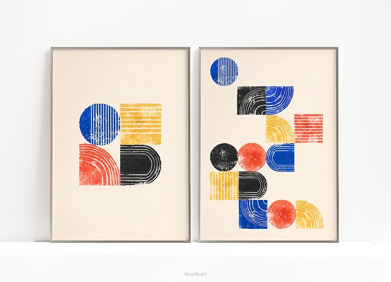 Set of 2 prints Bauhaus poster Blue yellow red black Printable wall art - 電子似顏繪/繪畫/插畫 - 其他材質 