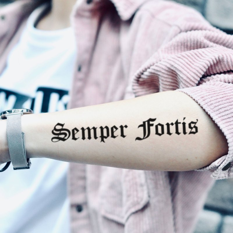 OhMyTat 拉丁文 永遠堅強 Semper Fortis 刺青圖案紋身貼紙 (2張) - 紋身貼紙/刺青貼紙 - 紙 黑色