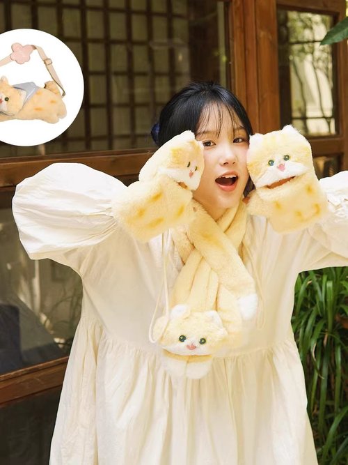 妙吉mewji mewji妙吉原創貓咪可愛JK日系少女橘貓圍脖毛絨秋冬圍巾手套挎包