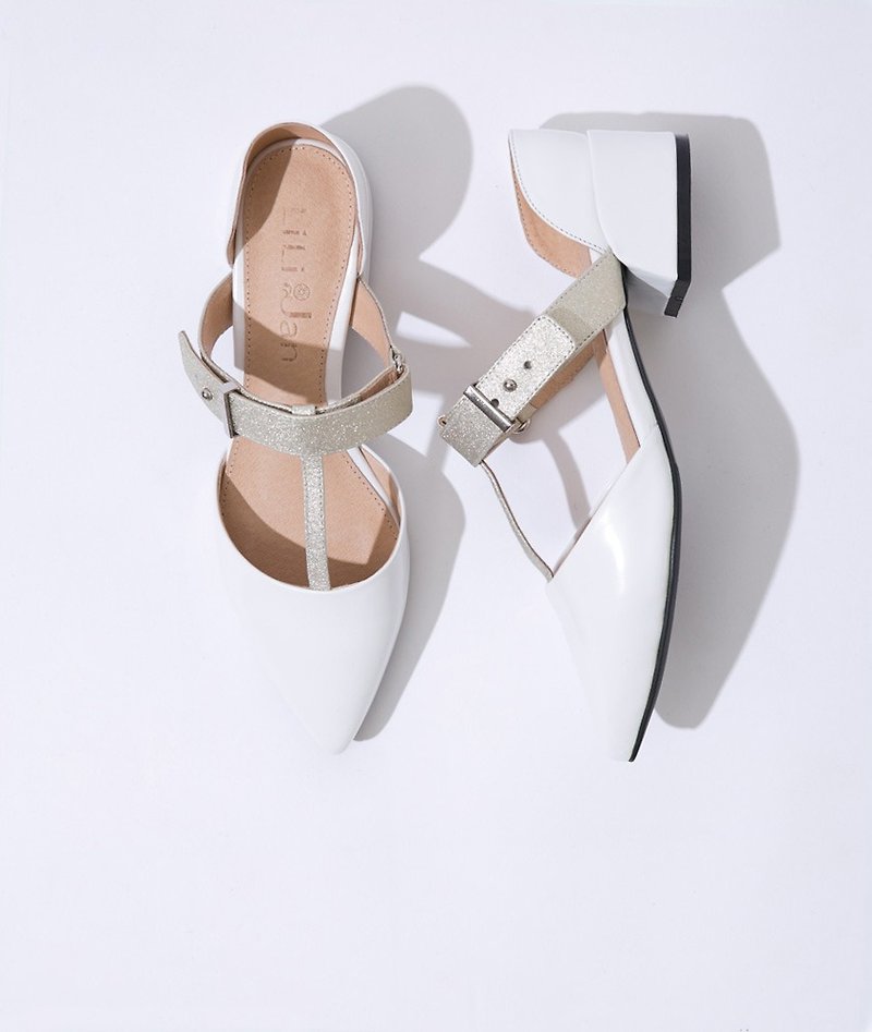 A single product 10% limit. [Actress] Future T-color stitching pointed heel sandals _ in white / matte gold - Women's Casual Shoes - Genuine Leather White