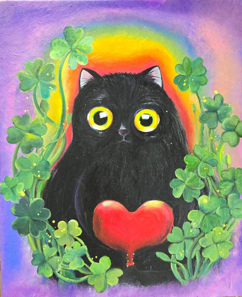 Hanging painting/frameless painting/hand-painted original painting/Clover and Black Cat Robin - โปสเตอร์ - ผ้าฝ้าย/ผ้าลินิน 