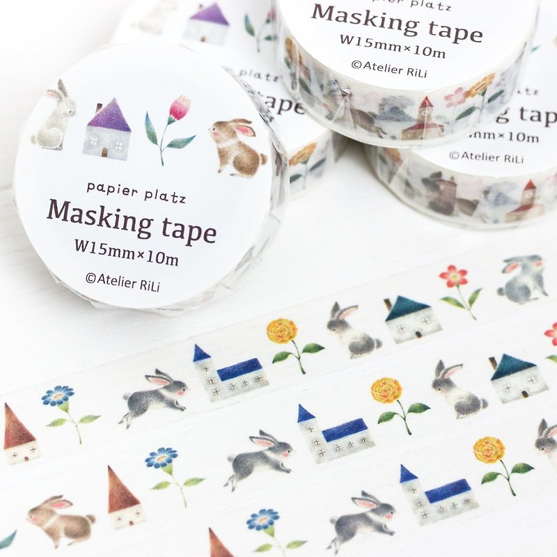 ２個セット。マスキングテープ "うさぎと色とりどりの花とお家" MT-2 - マスキングテープ - 紙 グレー