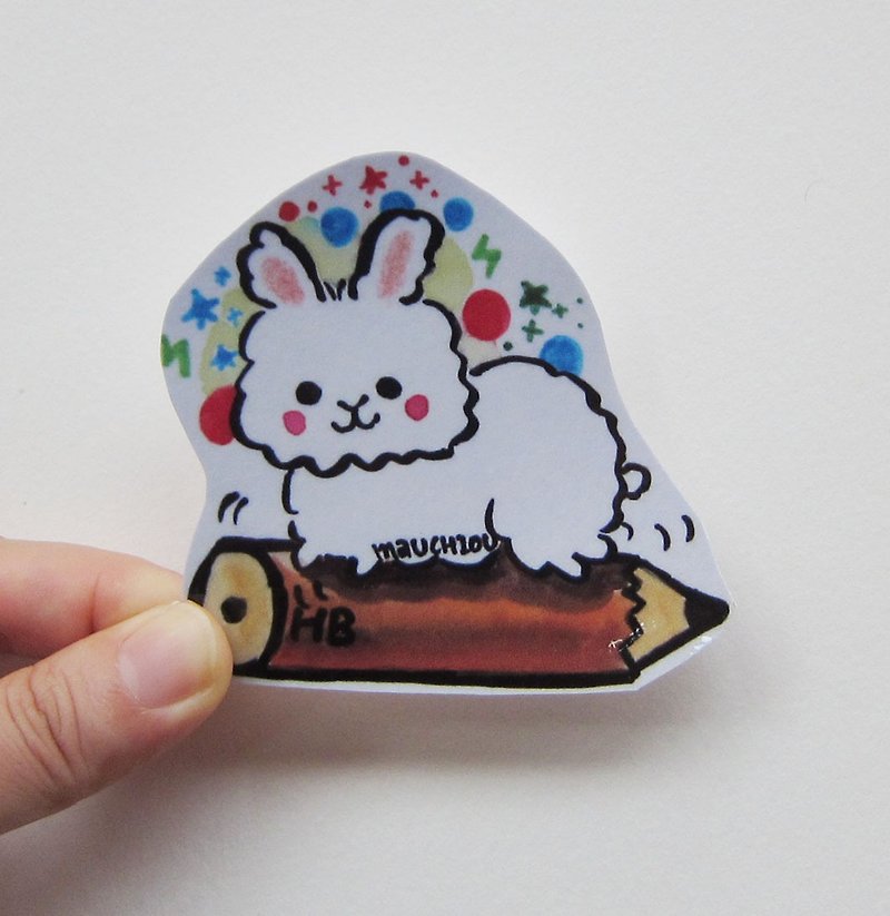Hand-painted illustration style completely waterproof sticker running rabbit pencil - สติกเกอร์ - วัสดุกันนำ้ ขาว