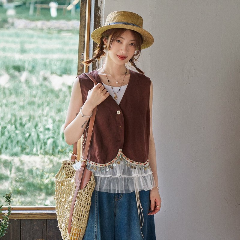 繡花珠片流蘇馬甲|背心|夏款|Sora-1808 - 背心/無袖上衣 - 其他人造纖維 咖啡色