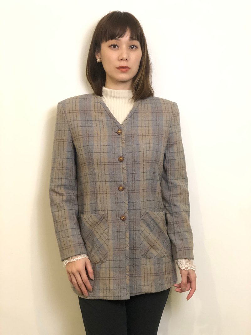 細格紋無領外套 - 女大衣/外套 - 其他材質 