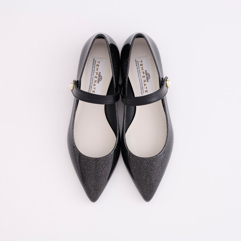 CARRIE GLITTER　(BLACK) PVC POINTED TOE FLAT SHOES ポインテッドトゥ パンプス - 雨鞋/防水鞋 - 防水材質 黑色