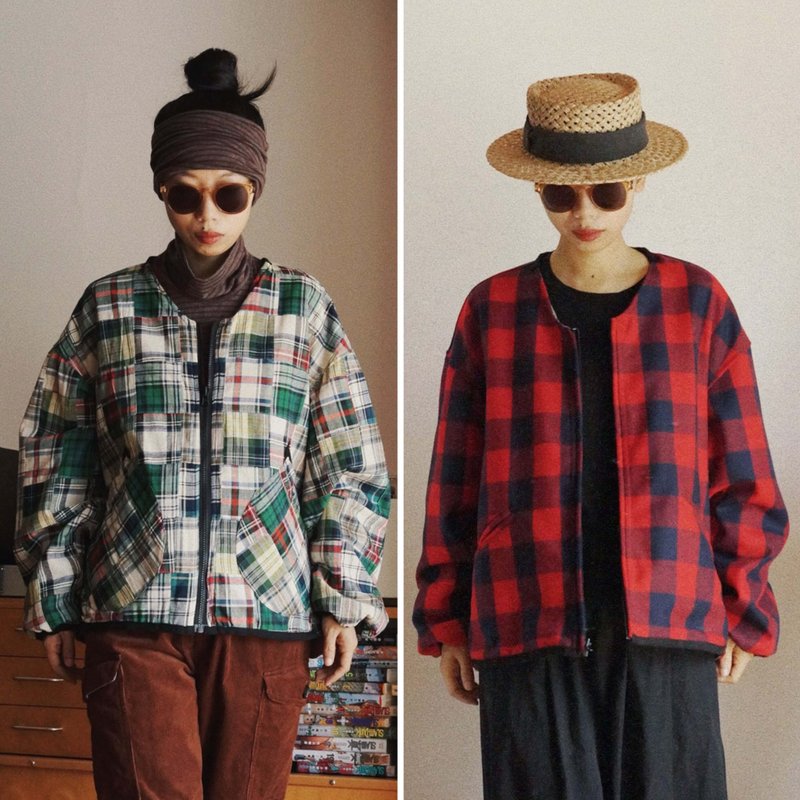 紅格羊毛和彩色格子 中性 雙面穿冬季保暖短外套 純棉拼布 - 女大衣/外套 - 棉．麻 紅色