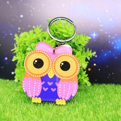 新格子創意設計 粉色大眼貓頭鷹－壓克力木質鑰匙扣 貓頭鷹系列 鑰匙圈 小禮物 可