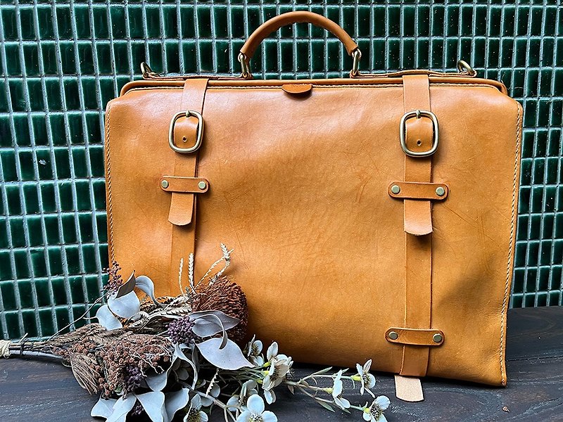 2way retro briefcase/computer bag customization-vegetable tanned cow leather - กระเป๋าแล็ปท็อป - หนังแท้ สีส้ม