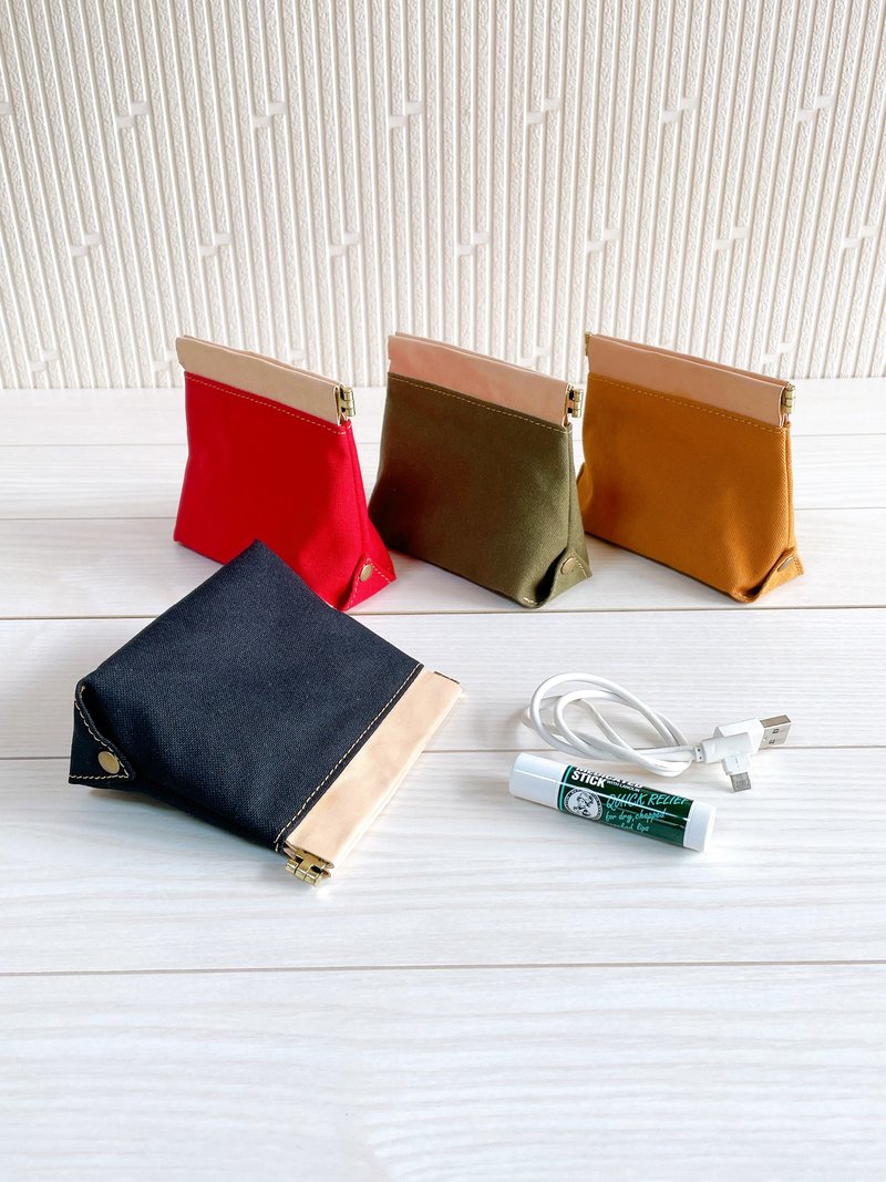 Kurashiki Canvas Genuine Leather Spring Pouch Tanned Leather Wide Gusset Cosmetic Pouch Leather Pouch Red Khaki Black Camel - กระเป๋าเครื่องสำอาง - หนังแท้ สีแดง