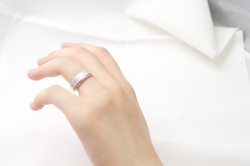 5mm質感戒-銀+細線戒-雙件組 純銀戒指(玫瑰金) - 戒指 - 銀 銀色