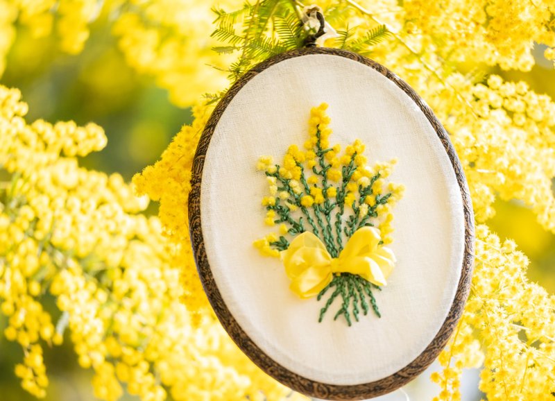 March 8th is Mimosa Day Mimosa Flower Embroidery Production Kit Outline For those who want to embroider firmly - Knitting, Embroidery, Felted Wool & Sewing - Thread Yellow