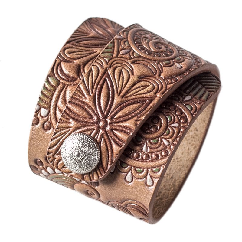 Beige Leather Cuff Bracelet for Women, Paisley Mandala Pattern, Width 2 1/3 Inch - สร้อยข้อมือ - หนังแท้ สีนำ้ตาล