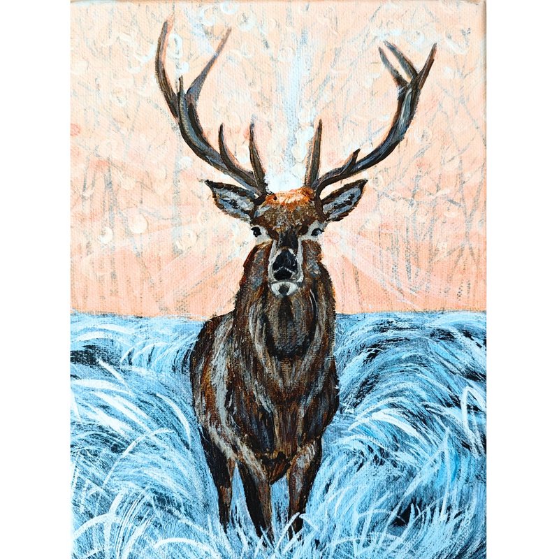 冬季雄鹿油畫  原創丙烯雪景鹿  北歐牆面藝術  作者 RinaArtSK - 壁貼/牆壁裝飾 - 其他材質 多色