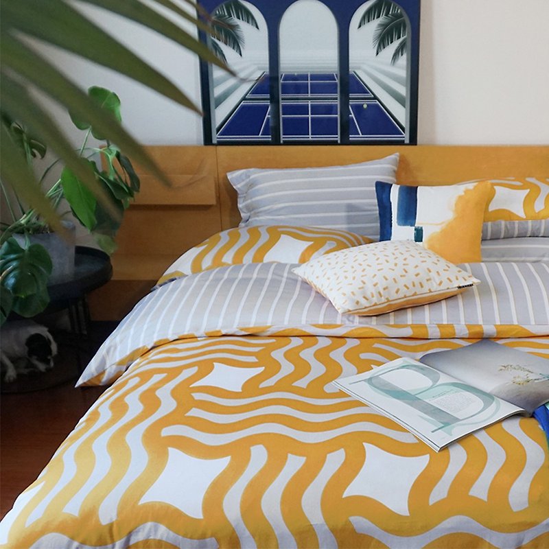 草稿純棉美式民宿酒店樣板間床上用品全套組合黃色網格床品四件套 - 寢具/床單/被套 - 棉．麻 