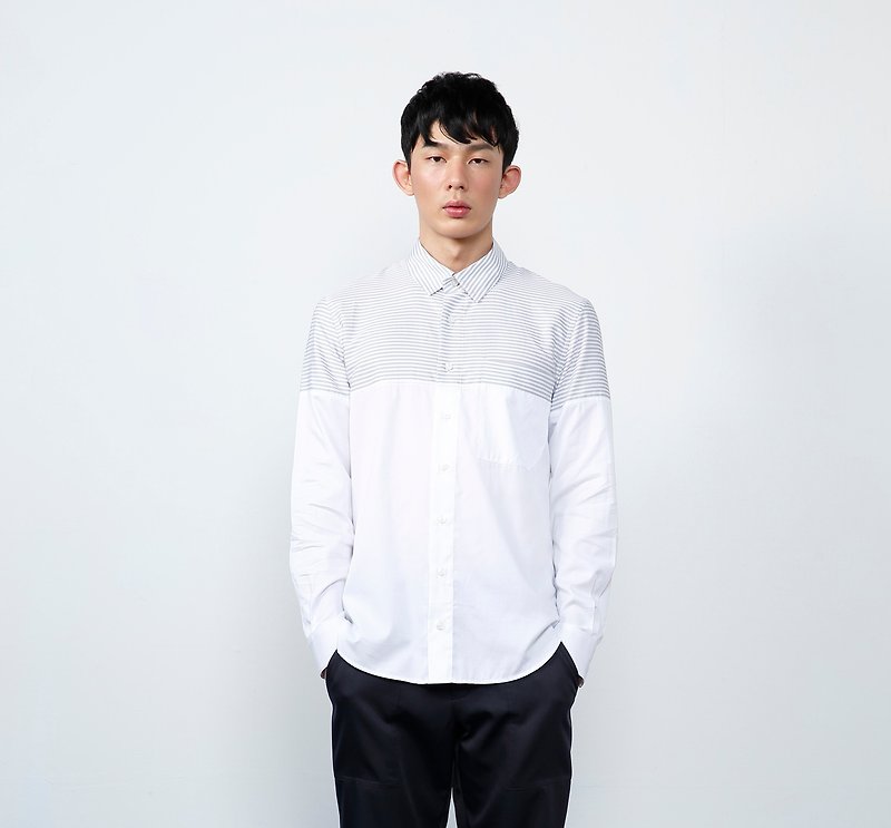 [High-quality fabric] Striped long-sleeved cut men's shirt - gray - เสื้อเชิ้ตผู้ชาย - วัสดุอื่นๆ สีเทา