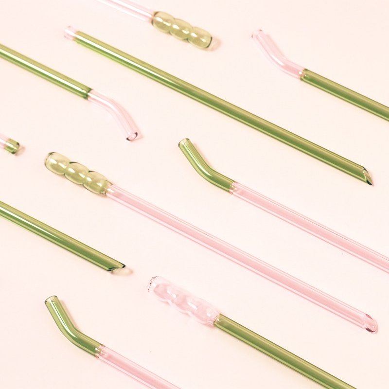 GOODGLAS | Two-color straws-pink & green/three-in-one set - Reusable Straws - Glass Transparent