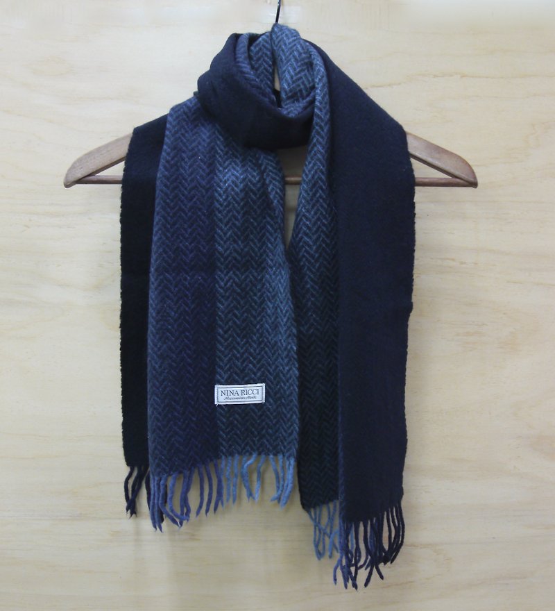 FOAK vintage Nina Ricci sea blue gradient herringbone scarves - ผ้าพันคอ - ขนแกะ สีน้ำเงิน