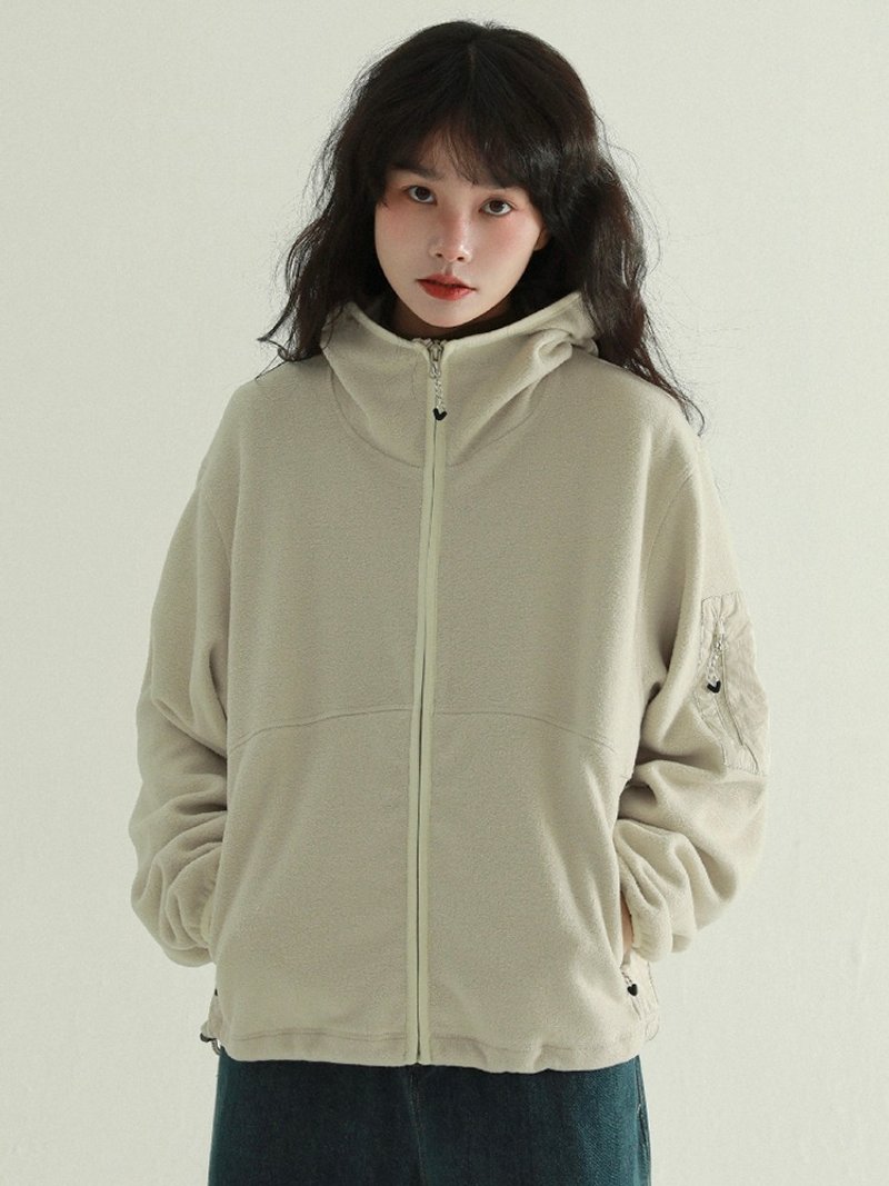 Blue/Black/Apricot 3 Color Short Hooded Fleece Jacket Zipper Casual Neutral Jacket S-2XL - เสื้อแจ็คเก็ต - เส้นใยสังเคราะห์ ขาว