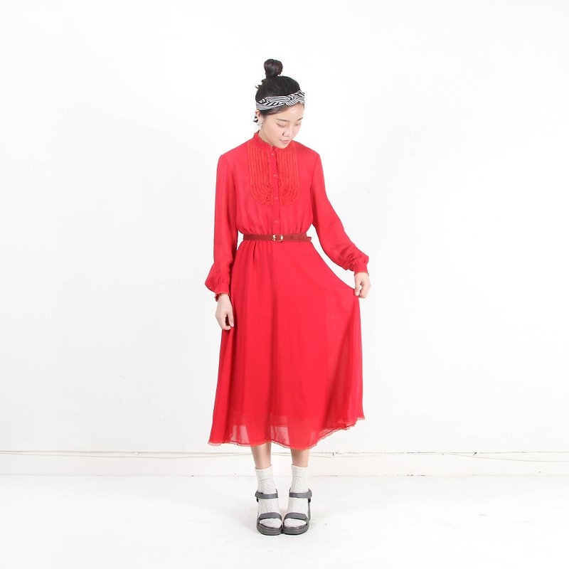 [Eggs and plants] vintage summer pure color vintage dress - One Piece Dresses - Polyester Red