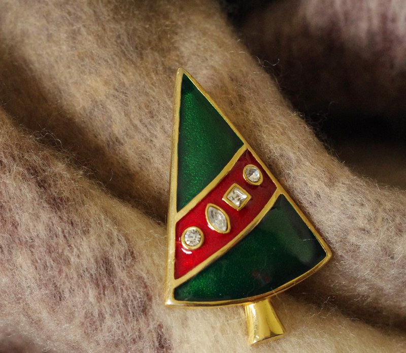 古董聖誕節聖誕樹紅綠琺瑯萊茵石別針胸針b2002 - 心口針/胸針 - 其他金屬 金色