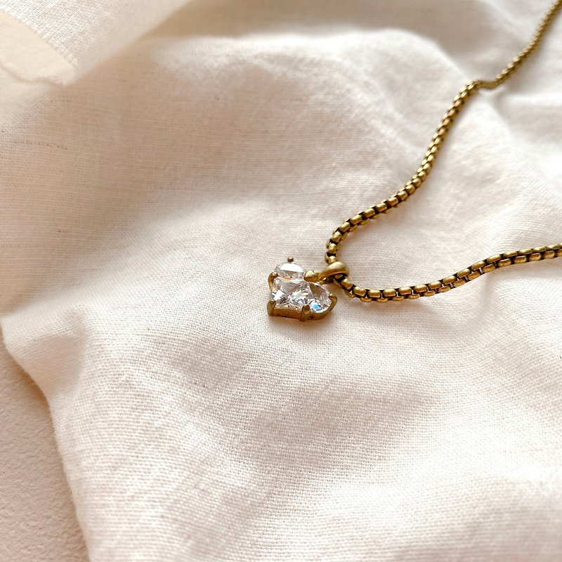 I love you -Brass zircon necklace - สร้อยคอ - ทองแดงทองเหลือง สีทอง