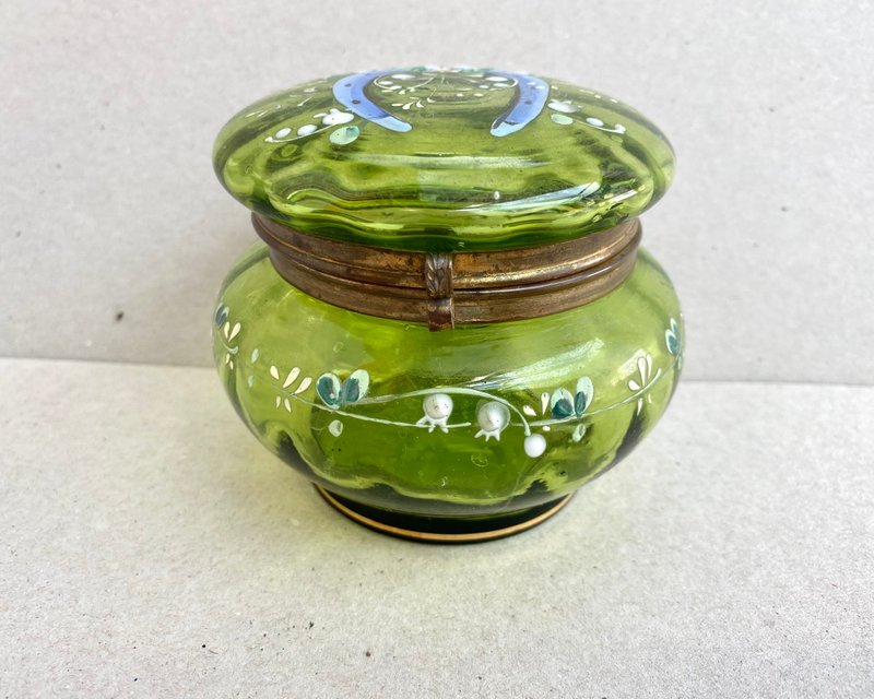 Powder Jar Antique Hand Enameled Glass & Hinged Top Biscuit Tin, France - Other - Glass Green