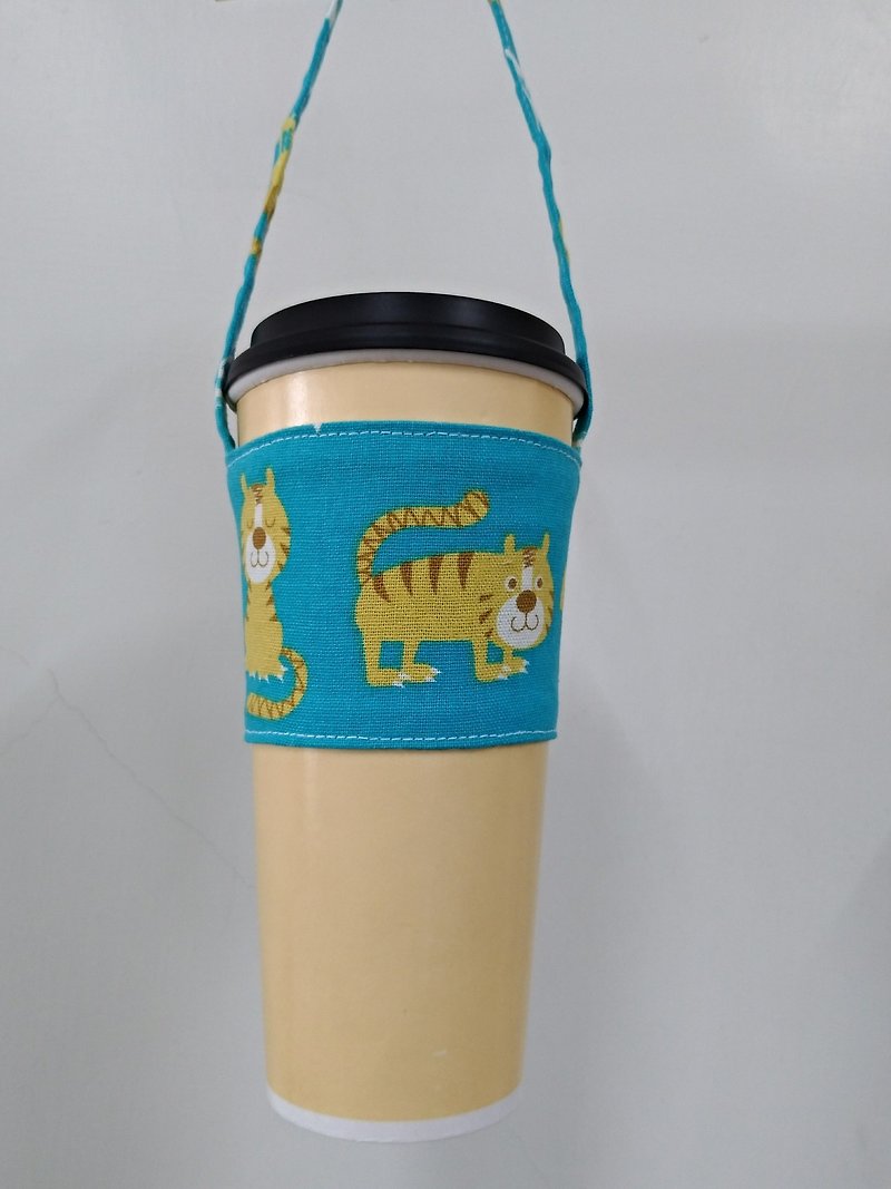 飲料杯套 環保杯套 手搖飲料袋 咖啡袋 手提袋-老虎(藍) - 杯袋/飲料提袋 - 棉．麻 