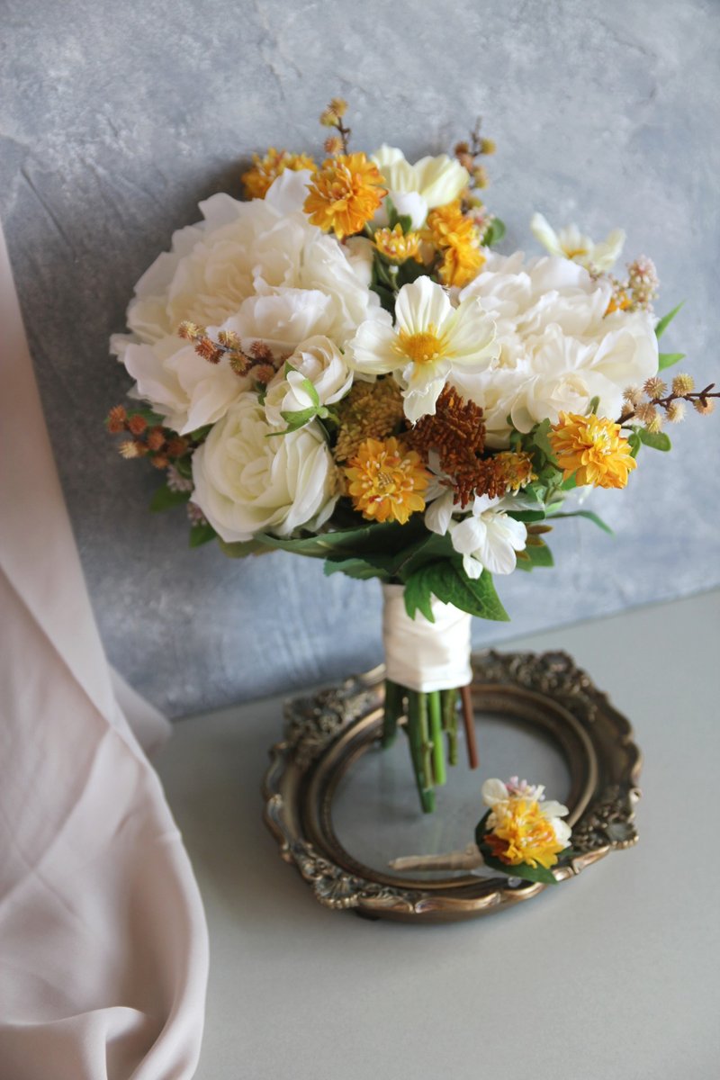 Bridal bouquet  ,Artificial Bouquet ,silk flower bouquet , Wedding ,Peony - Plants - Plants & Flowers Yellow