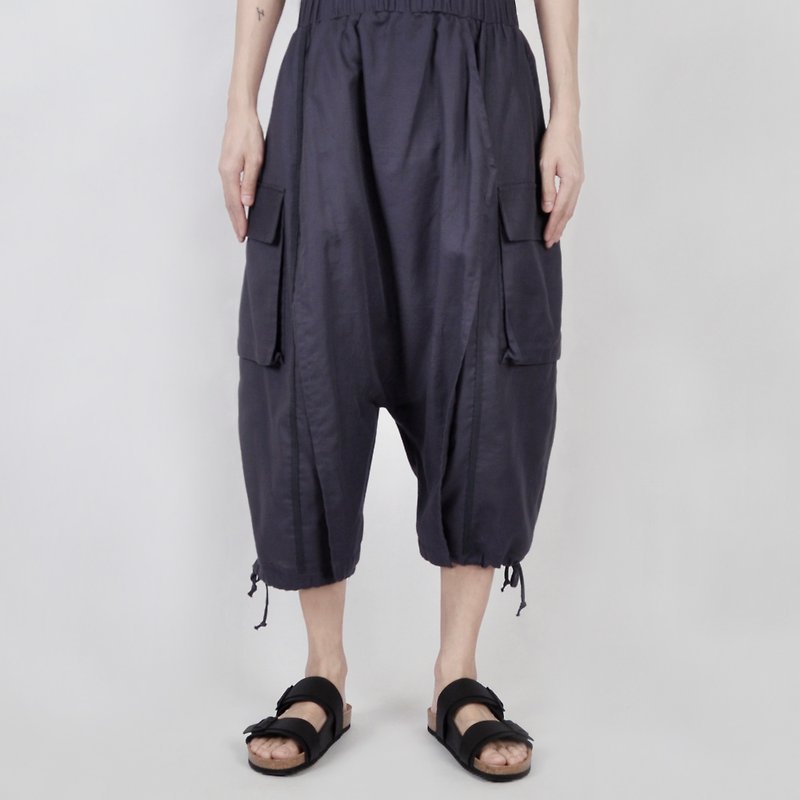 AFTER-Cotton and Linen Elastic Drawstring Pants - กางเกงขายาว - ผ้าฝ้าย/ผ้าลินิน สีน้ำเงิน