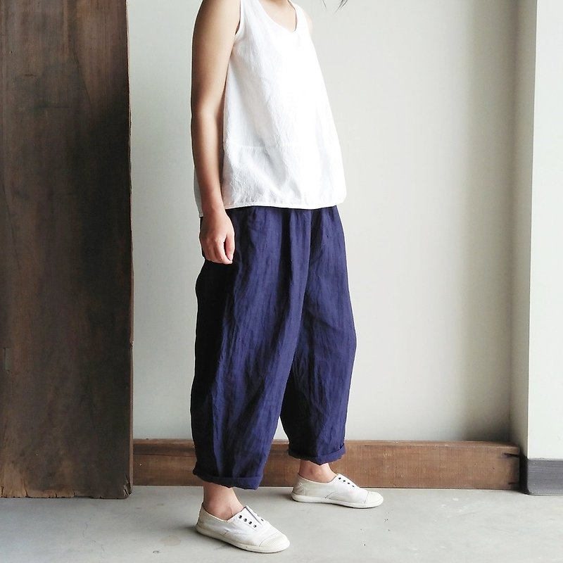 Fat low-end cropped trousers linen dark blue / optional colors - กางเกงขายาว - ผ้าฝ้าย/ผ้าลินิน สีน้ำเงิน