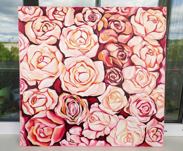 キャンバス上の夏のバラのピンクの花の油絵インパスト技法印象派