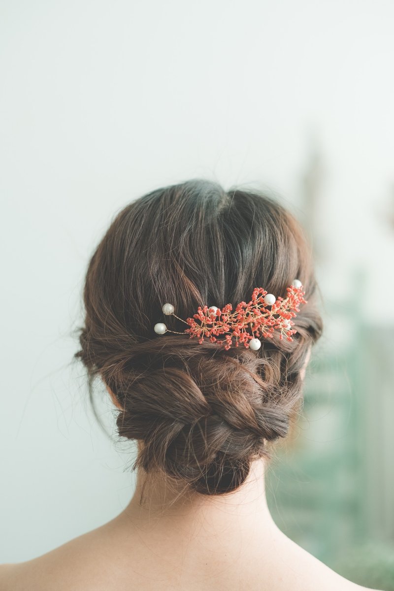 Babys Breath Hair Pin (Red)/ 新娘頭飾/訂製飾物/手製飾物 - 髮夾/髮圈 - 珍珠 紅色